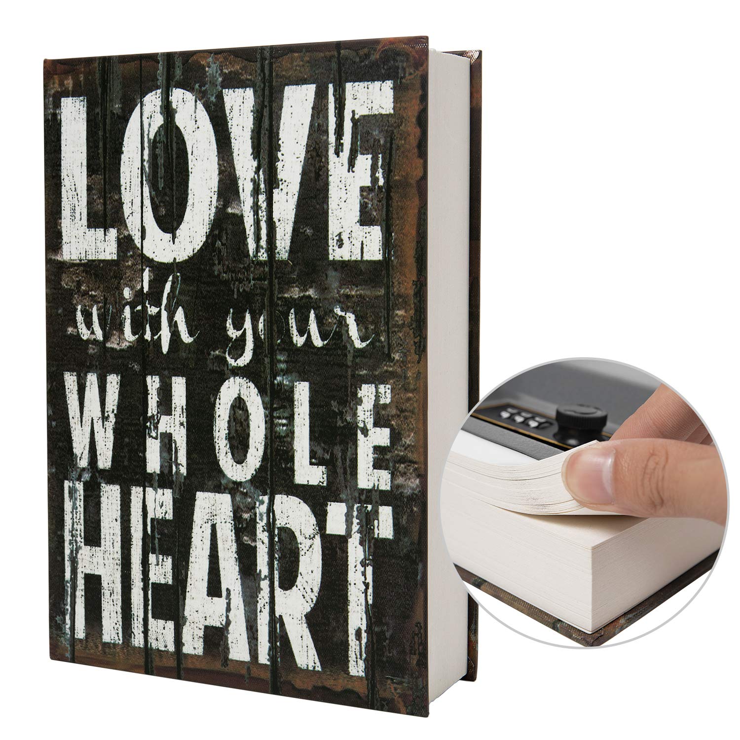 Real Paper Diversion Book Safe Storage Box, Dictionary Secret Safe with Code Lock/Key, flip Book Hidden Safe (M Combination, LOVE)