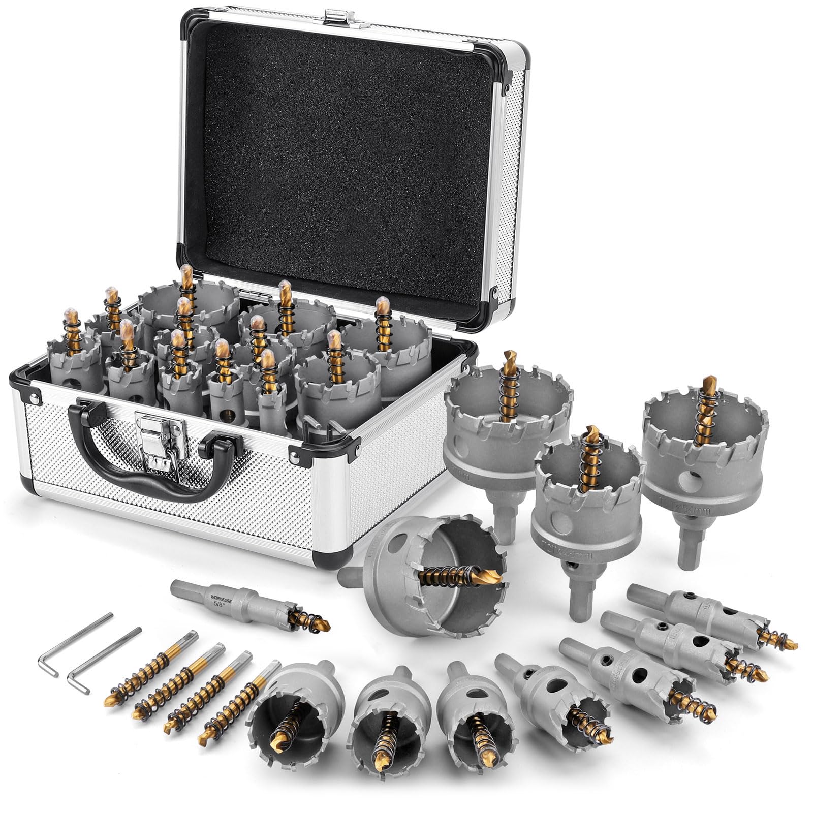 WORKEASE Carbide Hole Saw Sets for Metal Hole Saw- 16Pcs TCT 5/8"-2-1/4" Inch Hole Cutter Set, to Notch Steel Tubing, Cutting Through Brick, Accurate Hole Cut