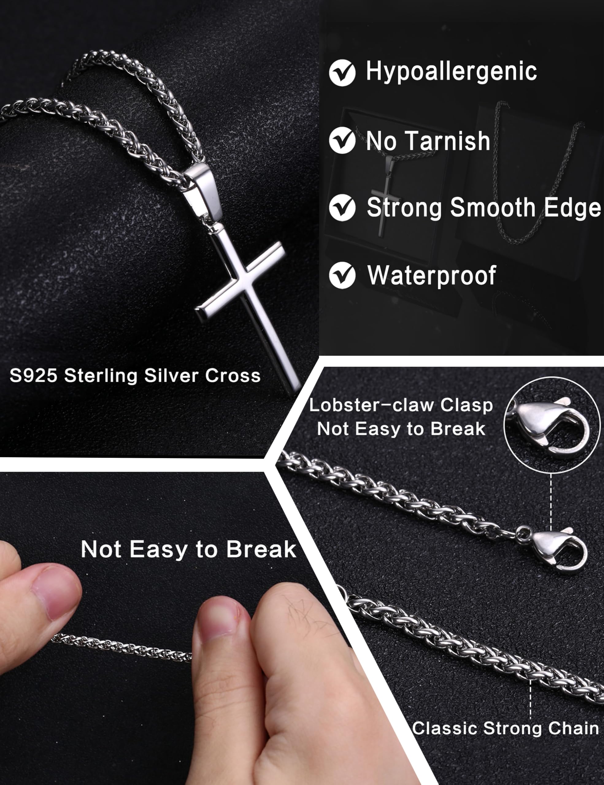 LOLIAS 925 Sterling Silver Cross Necklace Men-Removable Silver Cross Pendant with Hypoallergenic 316L Stainless Steel Wheat Chain Crucifix Necklace Jewelry for Mens Women, 16-30 Inches