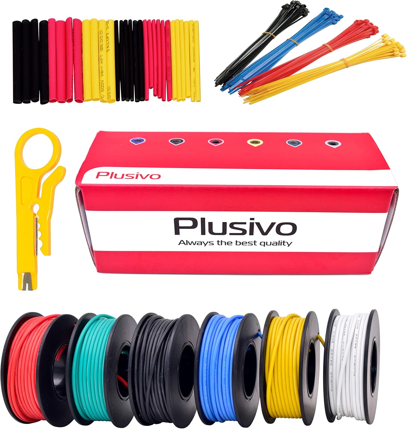 22AWG Silicone Hook Up Wire - 22 Gauge Stranded Tinned Copper Wire with Silicone Insulation, 6 Colors (Black, Red, Yellow, Green, Blue, White) 23ft / 7m Each, Hook Up Wire Kit from Plusivo: Industrial & Scientific