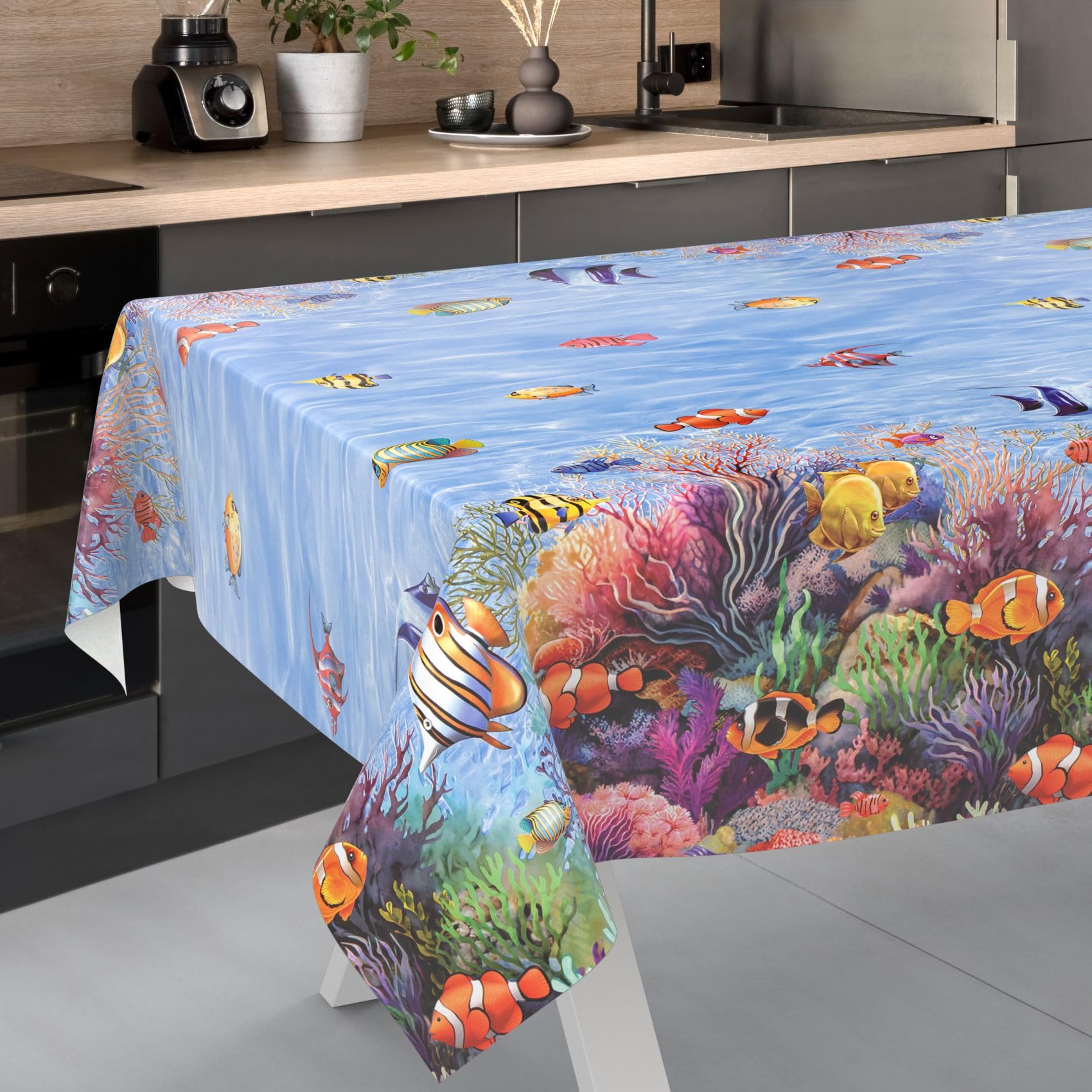 ANRO Oilcloth Tablecloth, Washable, Oilcloth, Garden Tablecloth, Outdoor, Indoor, 220 x 140 cm, Cut Edge, Aquarium