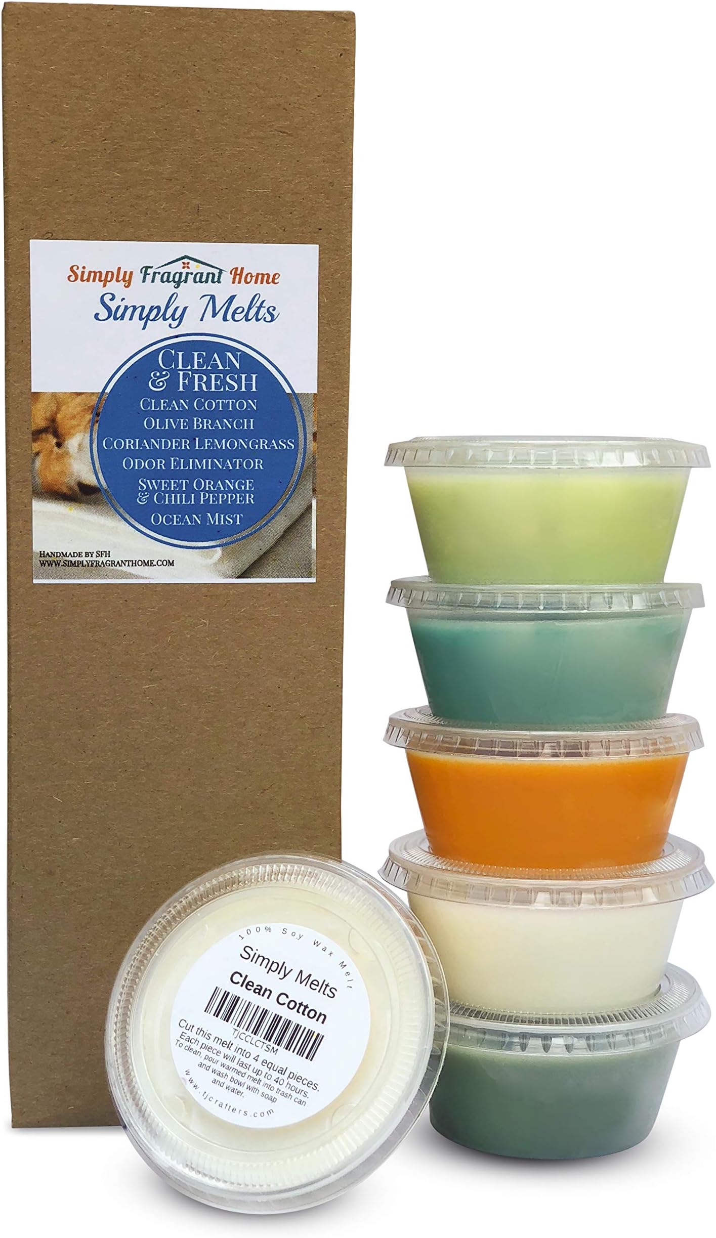 Scented Wax Melts Variety Pack - Hand Poured Natural Soy Candle Wax Melts for Warmers, 6 Resealable Cups (2.2 Oz Each, 13.2 Oz Total), Up to 40 Hours of Scent Throw Per Quarter Cup (Clean & Fresh)