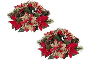 BLOSMON Christmas Centerpieces for Dining Table: 2 Pcs Red Gold Glitter Fake Poinsettia Christmas Flowers Ball Decoration - Artificial Silk Holiday Floral Arrangement Xmas Indoor Home Decor
