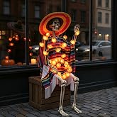 AW 5.6ft Life Size Skeletons 10FT 20 LEDs Marigold Fairy Lights Halloween | Dia De Los Muertos Day of The Dead Décor