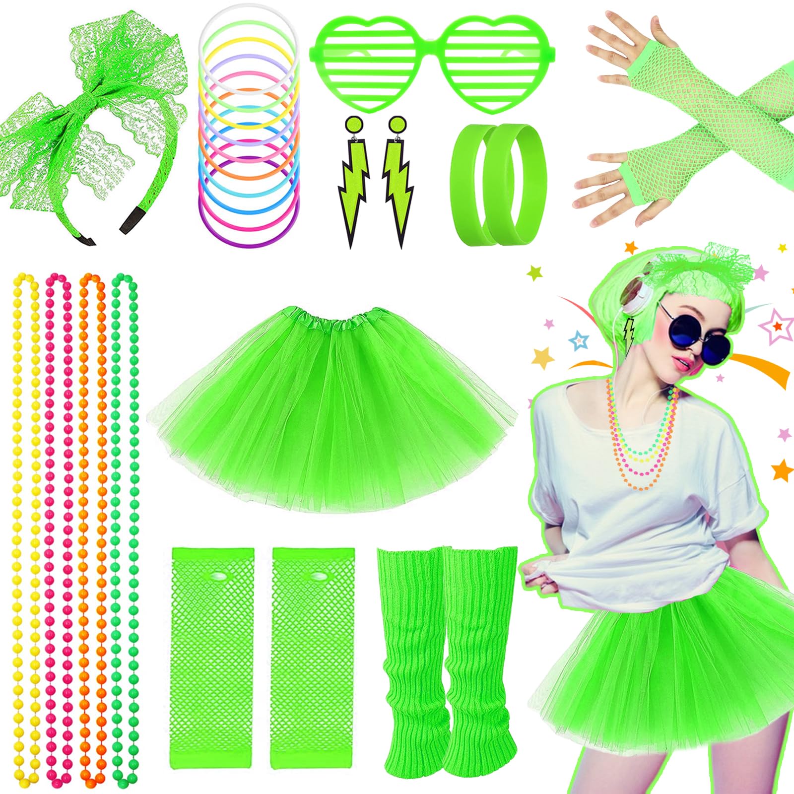 80s Fancy Dress for Women, 1980s Party Green Costume Accessories Set Tutu Skirt Leg Warmers Fishnet Gloves Glasses Earrings Bracelet Necklace Headband, Retro Outfit for 80s Party, Dress up Day