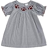 Motlapol Toddler Girl Football Dress Rugby Bow Embroidery Color Block Short Puff Sleeve Smocked Dress Infant Fall Dresses