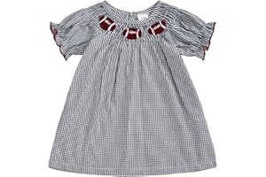 Motlapol Toddler Girl Football Dress Rugby Bow Embroidery Color Block Short Puff Sleeve Smocked Dress Infant Fall Dresses