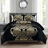 Sunshine Nicole Metallic Print Comforter Set, Distressed Velvet Face with Metallic Foil Print and Brushed Solid Microfiber Reverse, with Light Weight Soft Poly Fill, 3 Pieces Black Gold, Queen