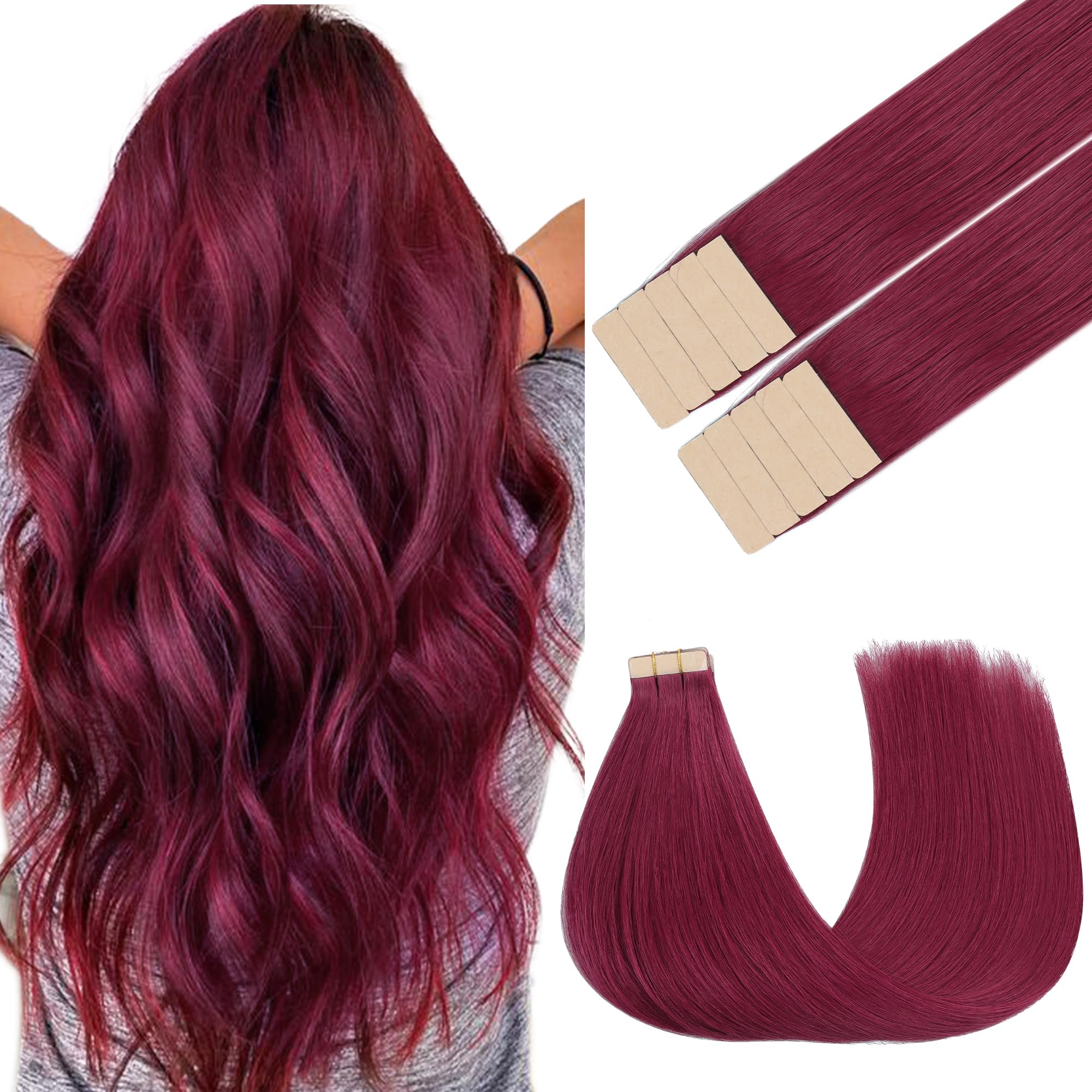 GOO GOO Tape in Hair Extensions Human Hair, Burgundy Red 10pcs 25g 14inch, Colored Tape ins Human Hair Extensions, Silky&Soft Invisible Tape Ins, Straight Remy Hair Highlighted for Party — image 1