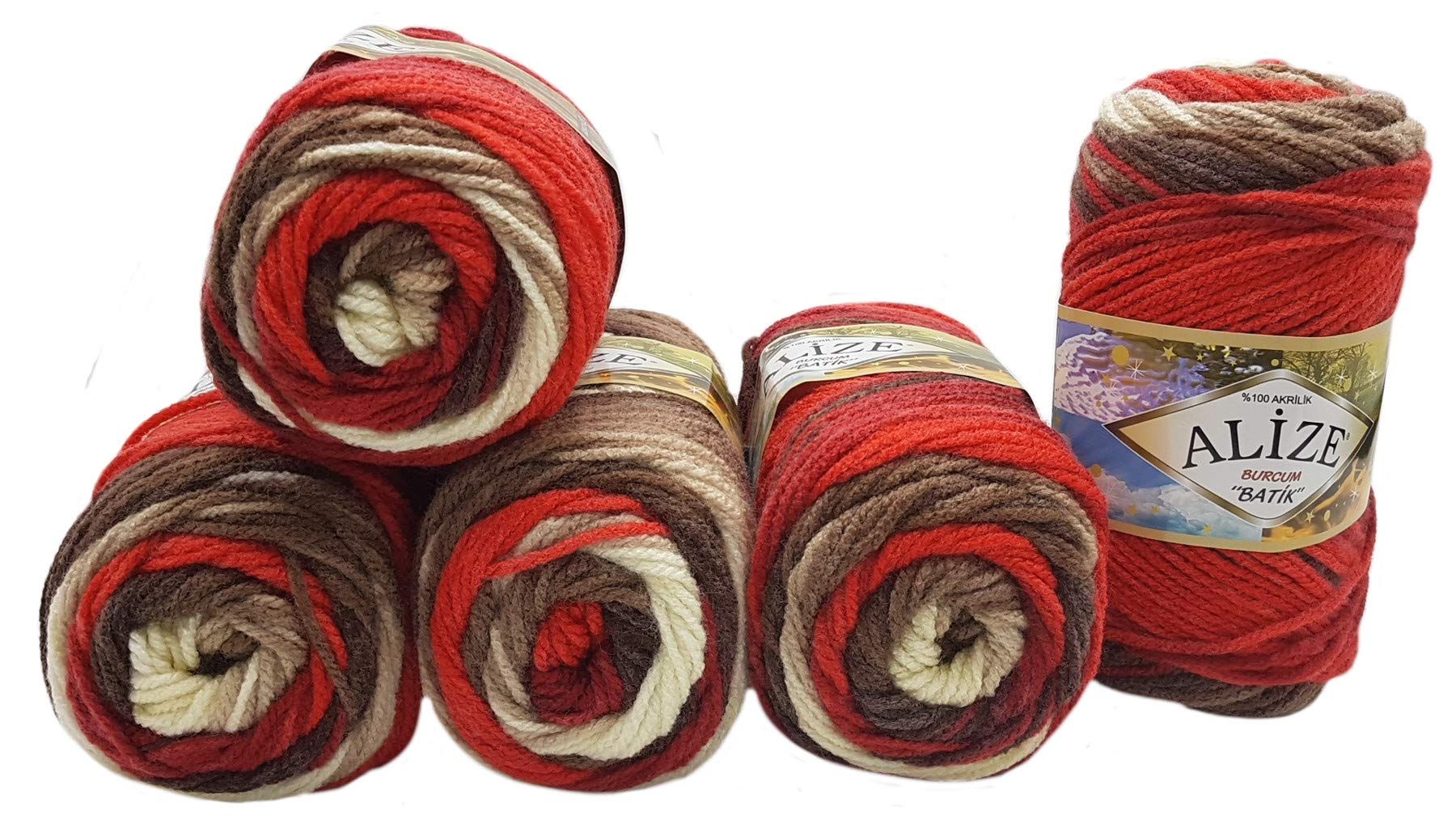 Alize Burcum Batik 5 x 100 g Multi Coloured Wool with Colour Gradient 500 g Knitting Wool (Beige, Brown, Burgundy 4574)