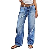 Flamingals Straight Leg Jeans for Women Trendy Mid Rise Stretchy Patch Pocket Baggy Jeans Casual Without Belt