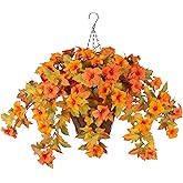 Ammyoo Artificial Fake Fall Flowers with Hanging Basket for Outdoor Decoration, Silk Faux Flowers UV Resistant Fake Plants for Home Porch Patio Garden Window Box Autumn Decor Look Real (Orange)