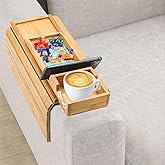 KIIDAS Bamboo Couch Arm Tray with Detachable Cup Holder - 2 in 1 Design, Foldable Anti-Falling Sofa Armrest Tray for Cups, Snacks, Remote