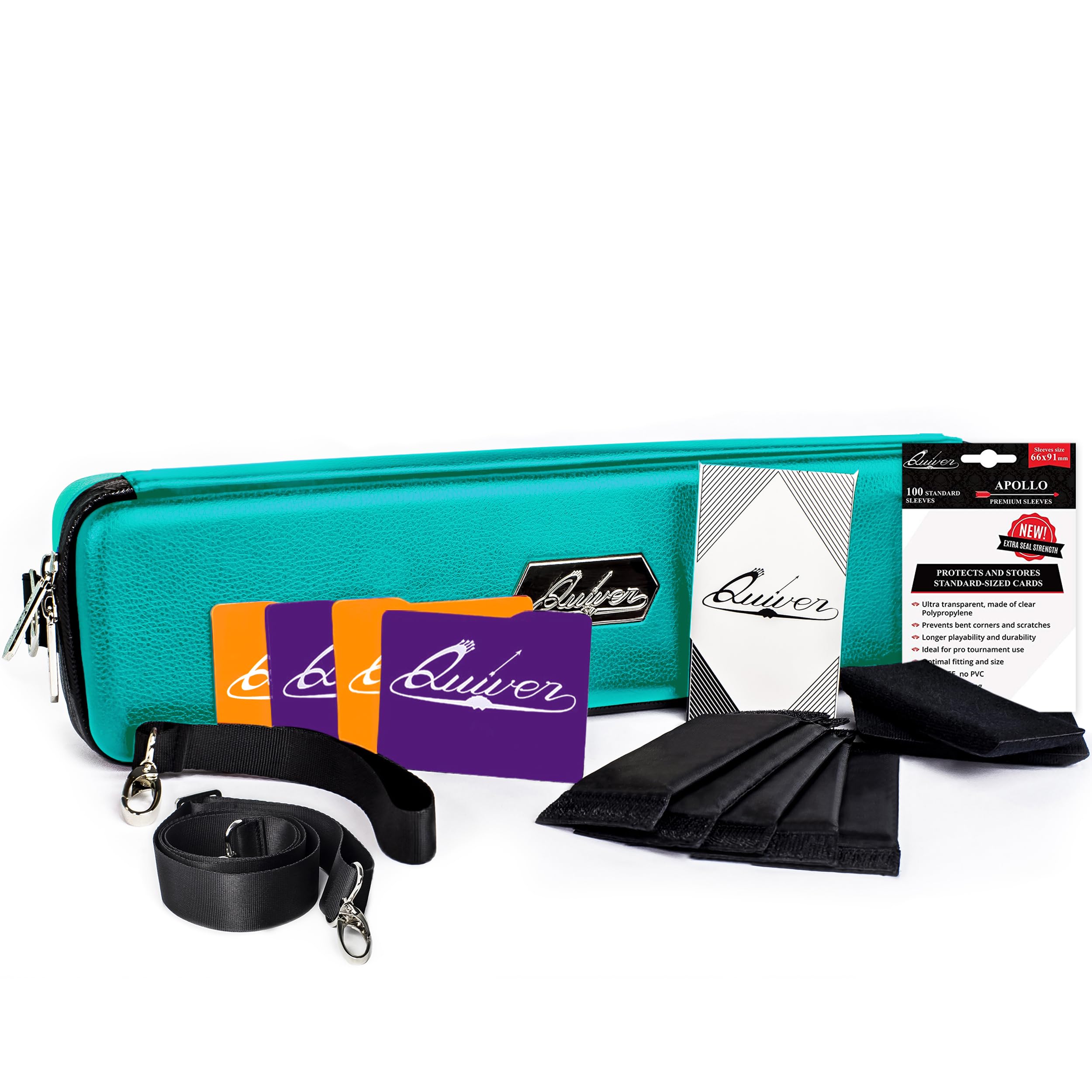 Quiver Time Teal Quiver Card Carrying Case - TCG Cards Deck Box Holder for Trading Cards, MTG Bag Playing Card Case (+Wrist & Shoulder Strap, Dividers, Separators, Corner Pads + 100 Apollo Sleeves)