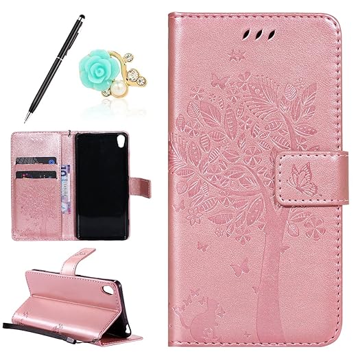 Uposao Kompatibel mit Sony Xperia XA Leder Tasche Schutzhülle Vintage Schmetterling Baum Katze Muster Brieftasche Handyhülle 