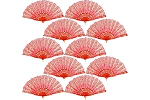 QIRMIZI 10 Pack Folding Handheld Fans,Silk Spanish Fan, Perfect for Weddings, Parties, and Dancing,Red