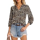 LOMON Womens Tops Dressy 3/4 Length Sleeve Henley V Neck Button Down Shirts Pleated Blouses S-XXL