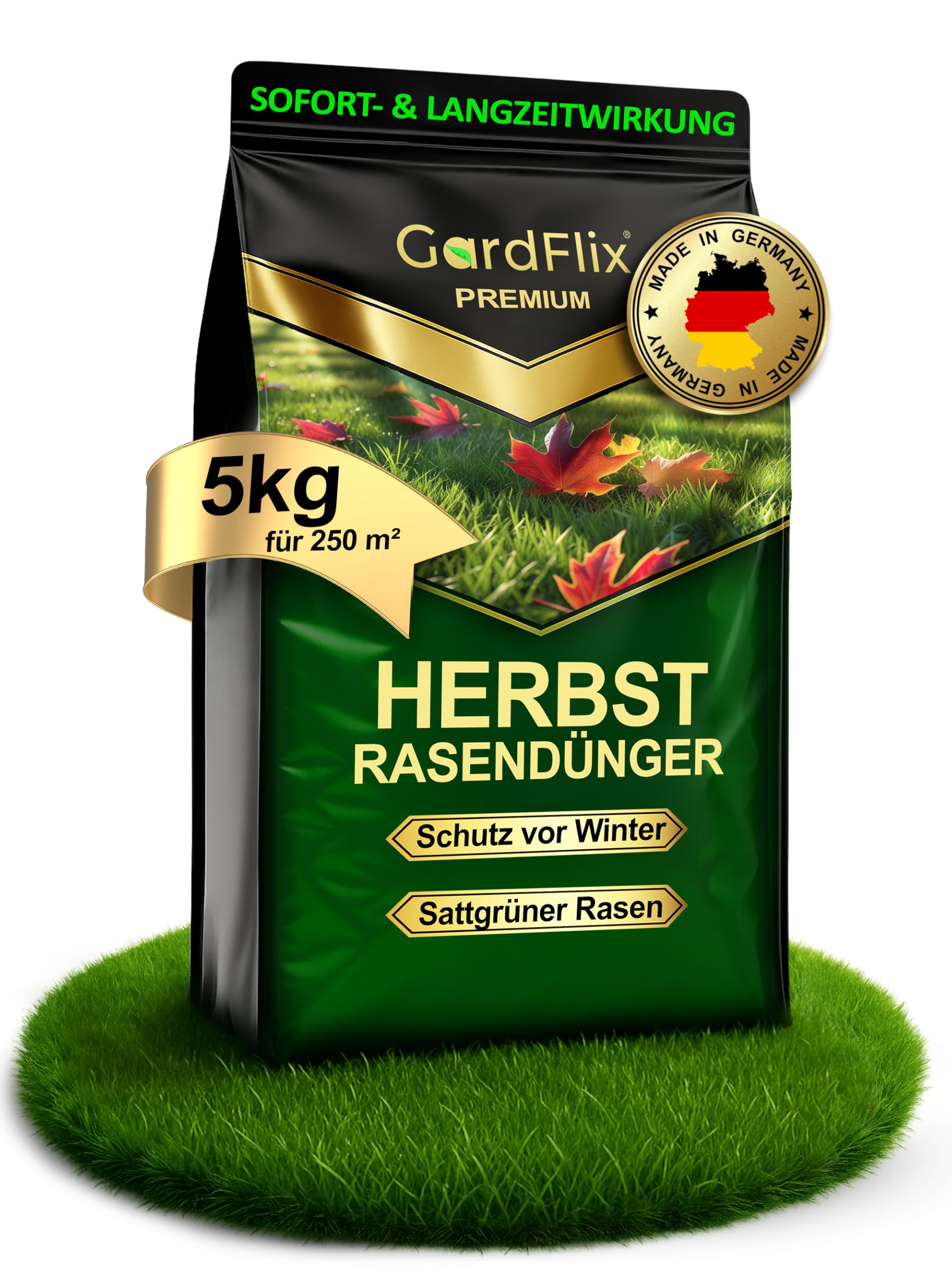 Gardflix Herbstdünger Rasen Langzeitwirkung (5kg Sack für 250m²) | Rasendünger Herbst verdrängt Moos | Frostschutz & Winterfester Rasen | Staubarmer Granulat für Streuwagen | Sicher für Kind & Tier