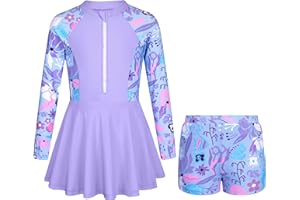 HOZIY Girls Long Sleeve Swimsuit Two Piece Rash Guard Dress with Swim Shorts Front Zip for Kids Tween Teens UPF 50+