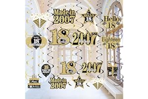 Turypaty 18th Birthday Decorations Hanging Swirls for Boys Girls, Black Gold Vintage 2007 18th Birthday Foil Swirls Party Supplies, Eighteen Year Old Birthday Ceiling Hanging Decorations