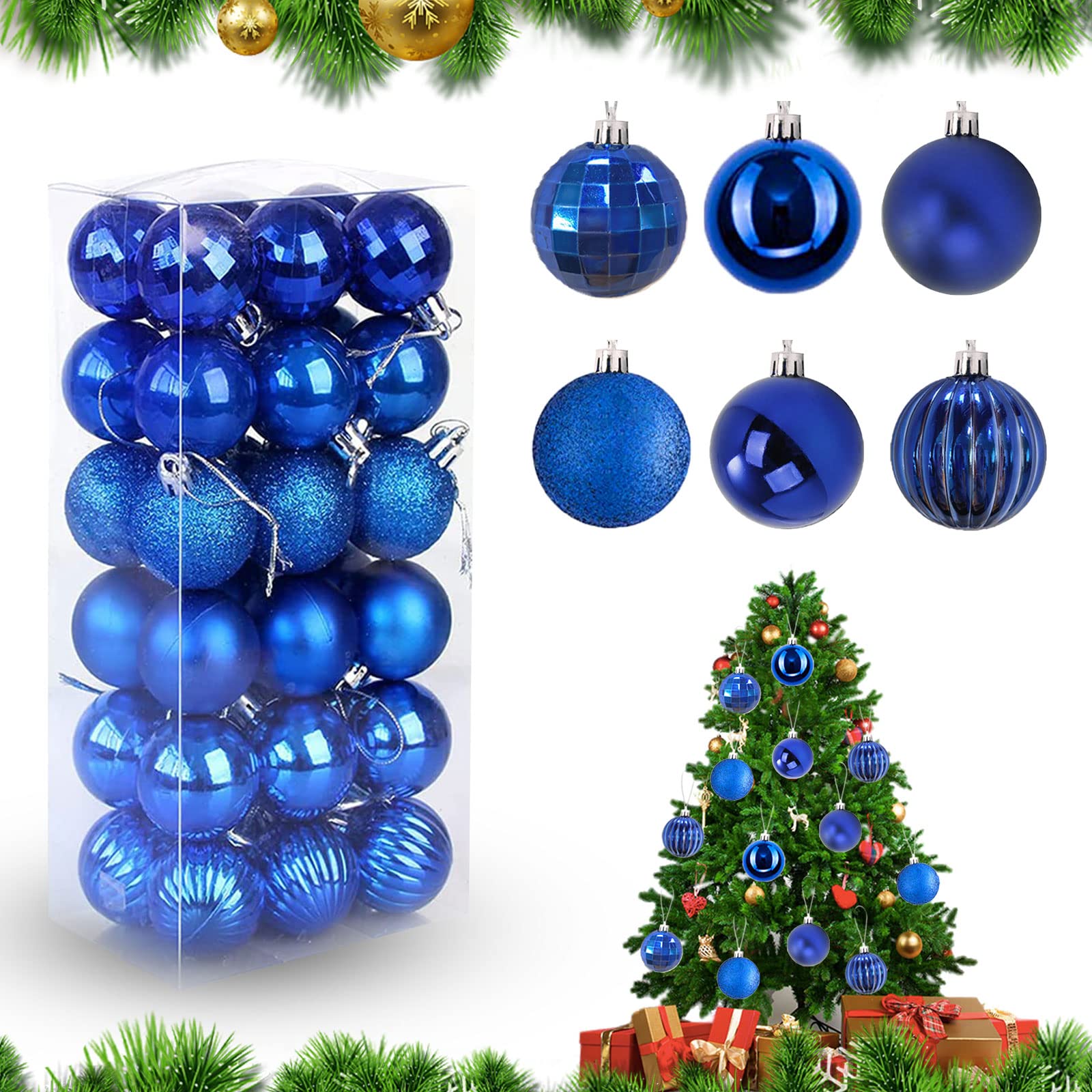 Feliciay 36pcs Christmas Ball Baubles Assorted Pendant Shatterproof Ornament Set Xmas Tree Decorations Hanging Decoration Seasonal Holiday Wedding Party Decorative Pendants (Royal Blue, 4 cm)