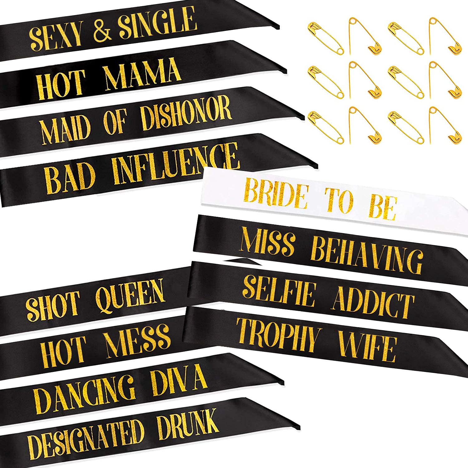 PHOGARY 12 Pack Hen Party Sashes for Bridal Shower Party- 11 Black Team Bride Sashes with 1 White Bride to Be Sash - Funny Hen do Sashes Set for Wedding Bachelorette Party Hen Night Accessories