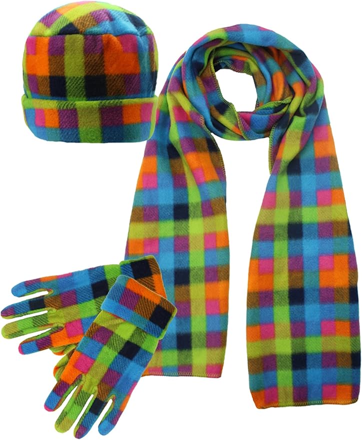 Green Plaid Fleece 3 Piece Hat Scarf & Glove Set at Amazon Womenâs Clothing store: Cold Weather 