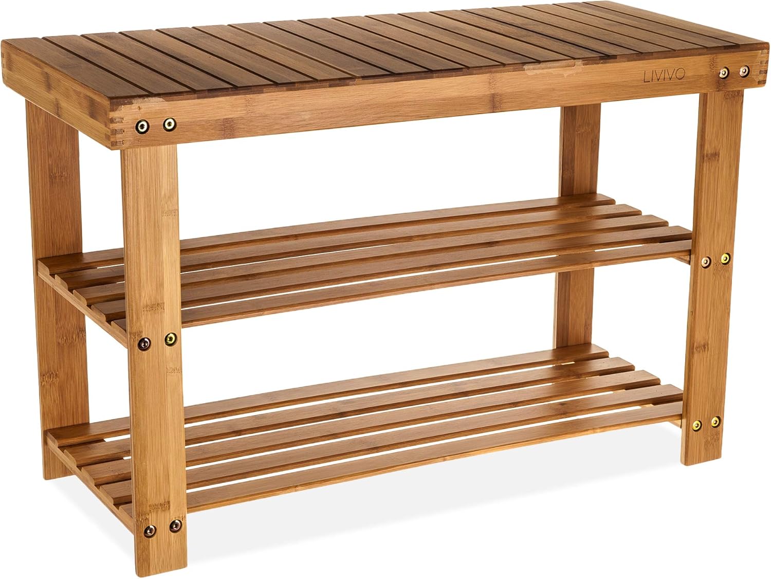 LIVIVO 2 Tier Bamboo Shoe Rack with 2 Shelves and Bench Seating Surface