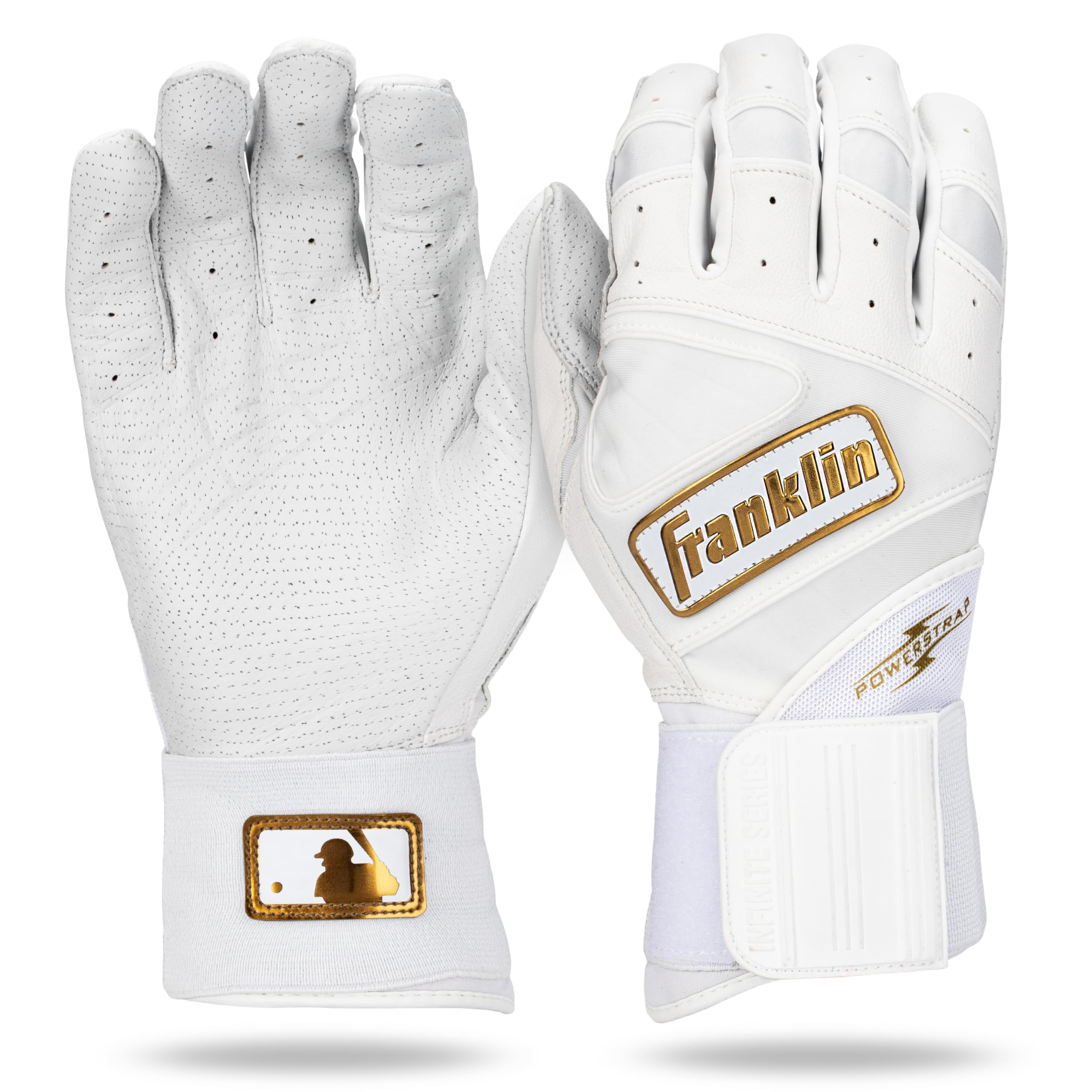 Photo 1 of Franklin Sports MLB Batting Gloves - Infinite Powerstrap Baseball + Softball Batting Gloves - Durable Full Wrap Cage Practice Gear - Long Cuff Wrist + Heavy Duty Leather - Adult XL - White + Gold