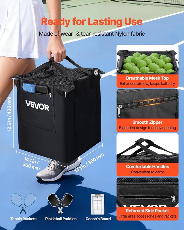 Panier à Balles de Tennis avec roulettes, Capacité de 200 Balles, Chariot Pliable Ramasse-Balles en Acier INOX, Panier Portable pour Entraînement de Tennis et Pickleball, avec Sac de Rangement