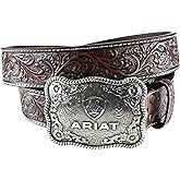 ARIAT Men's Floral Embossed Leather Belt with Antiqued Silver Cowboy Buckle