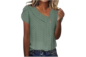 Generic Womens Tops 2024 Eyelet Trendy Shirts V Neck Button Comfy Blouses Casual Loose Petal Sleeve Vacation Tunic Tshirt