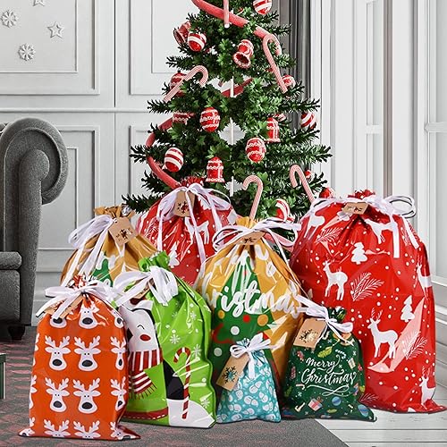 Drawstrings Christmas Gift Bags Assorted Sizes, 34Pcs Holiday Gift