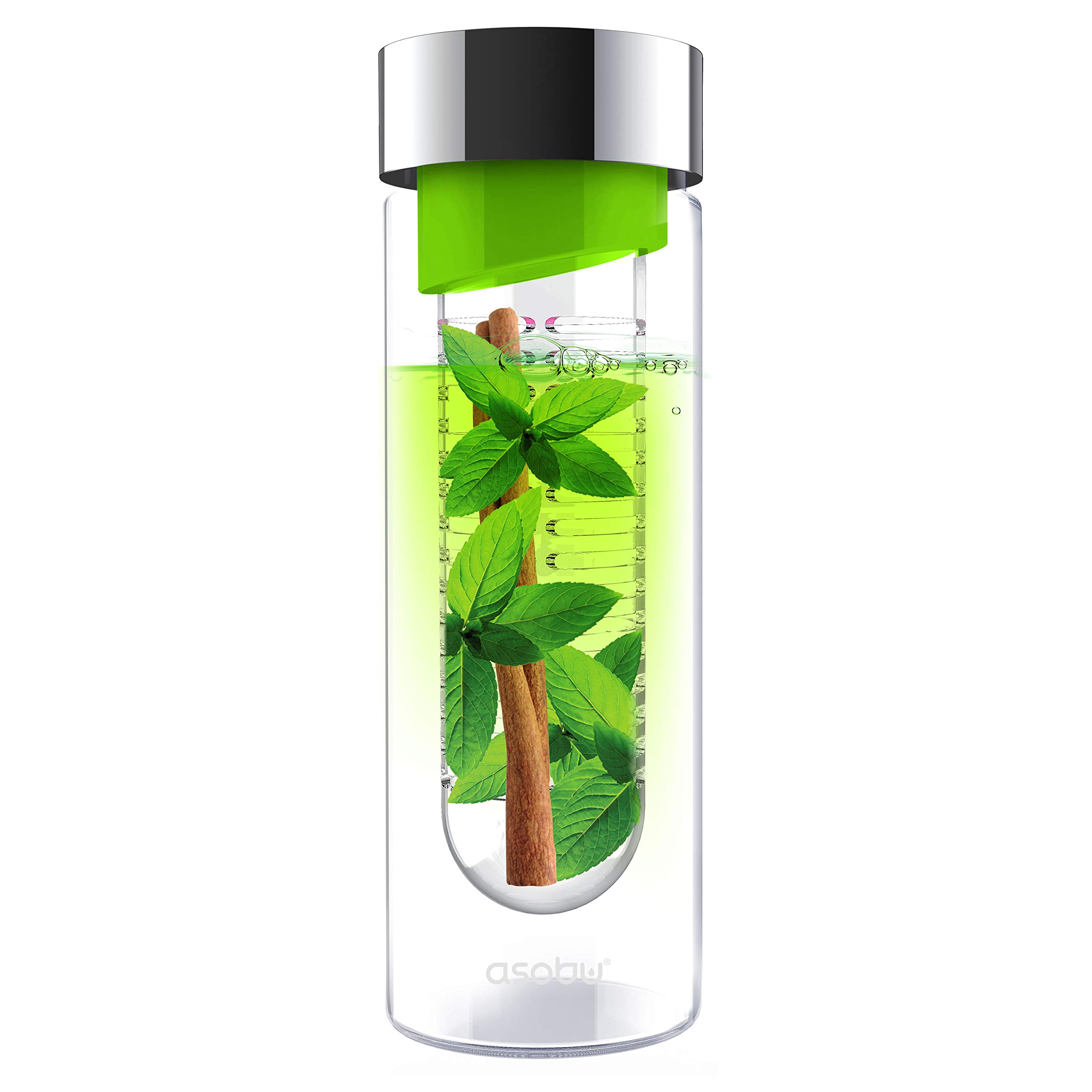 Asobu Flavor It 20 Ounce Glass Water Bottle with Fruit Infuser, Green Silver