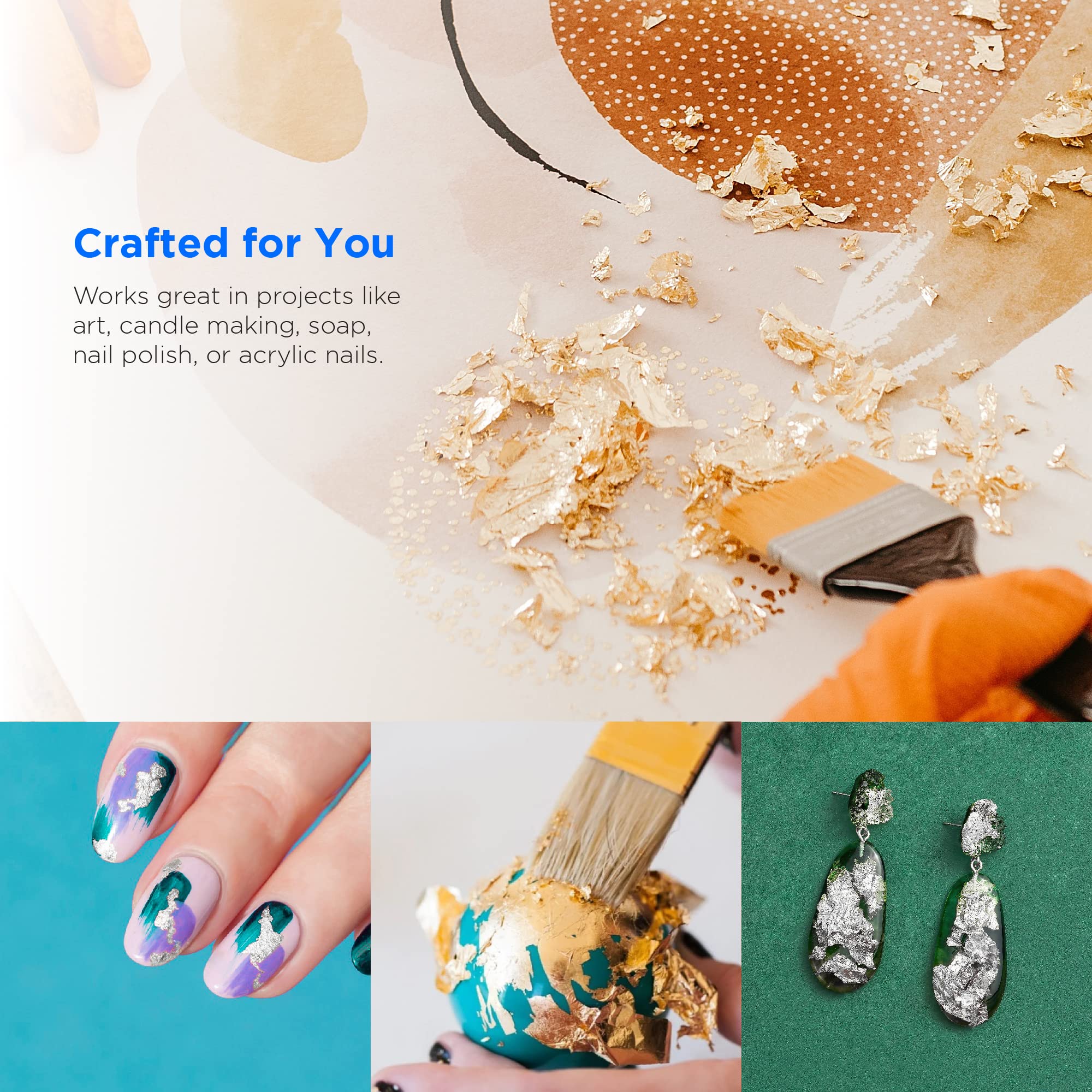 Rolio Metallic Foil Flakes, 3 Bottles (Gold, Copper, and Silver), Imitation Gold Foil Flakes for Epoxy, Nail Art, Painting, DIY Arts & Crafts, Slime, Face & Eye Makeup, Resin Jewelry 5g/0.17 oz Each