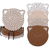 Cat Ears Coasters Set of 4 with Holder, Minimalist Handmade Braided Cotton Non-Slip Absorbent Cat Coasters for Drinks, Coffee Bar Accessories, House Warming Gifts for New Home (Brown)