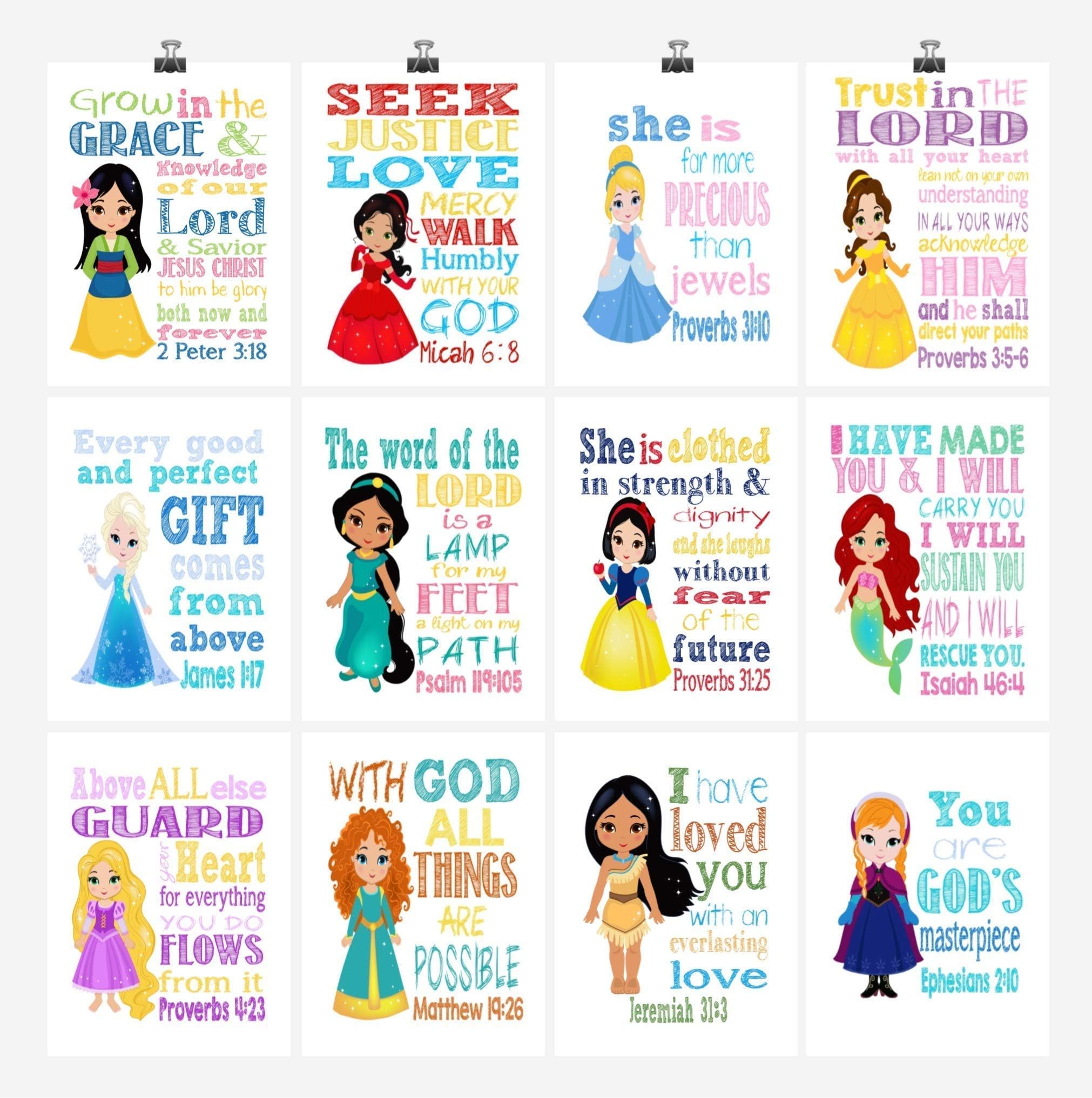 Princess Christian Nursery Set of 12 Unframed Prints - Mulan, Elena, Anna, Belle, Snow White and Merida with Bible Verses