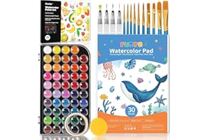 Funto Watercolor Set, 48 Color Paint Set, 10 Brushes, 30 Page Pad(9"x12"), 4 Refillable Pens & More, Painting Kit for Kids, Adults, Beginners