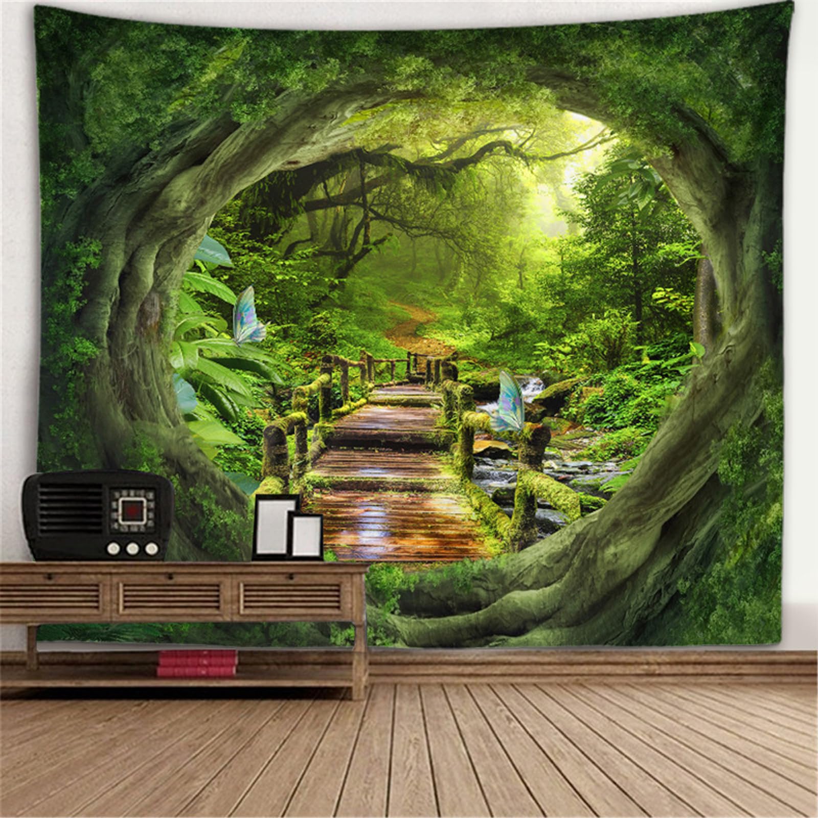 Hoisy Green Forest Cave Tapestry Wall Hanging Jungle Wood Wall Hanging Decoration 240x220 cm