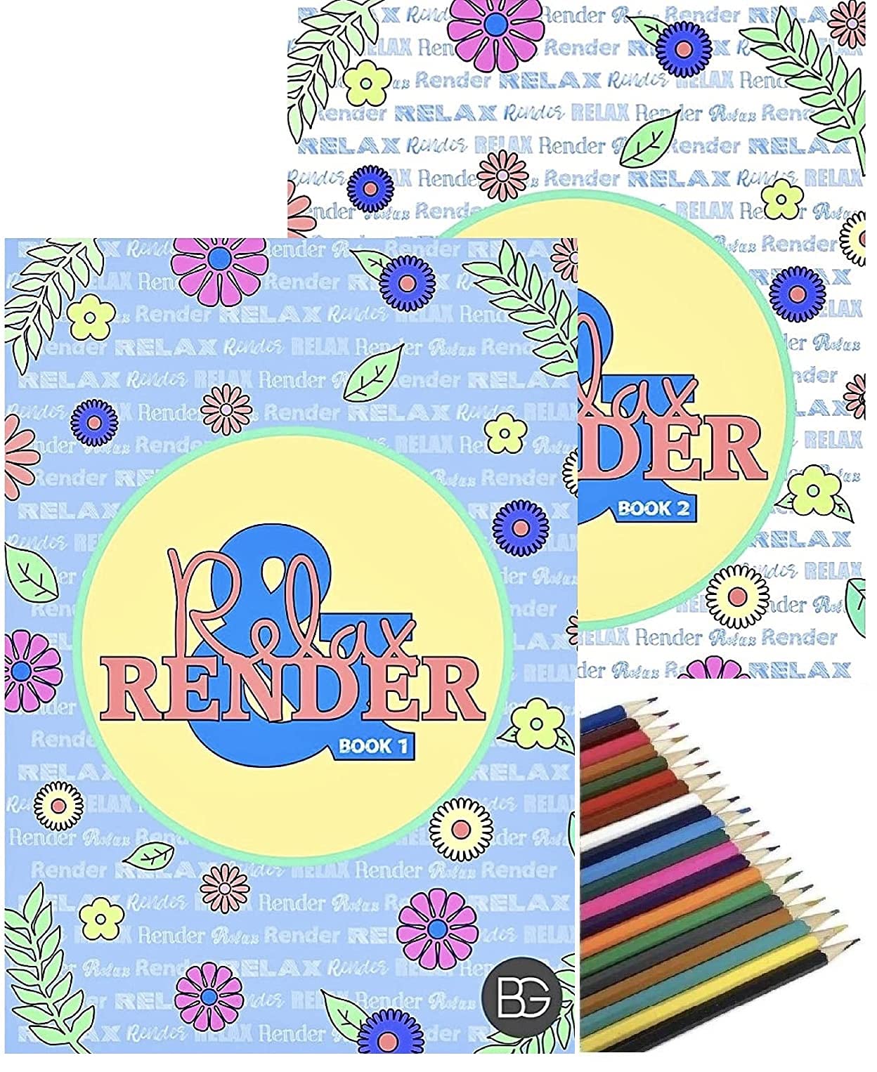 BG Relax & Render A4 Adult Colour Therapy Colouring Books + 20 Colouring Pencils