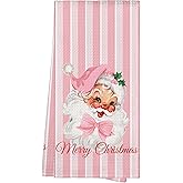 WAITPI Pink Ho Ho Ho Christmas Santa Kitchen Towels, Coquette Christmas Cute Bow Winter Gifts Hand Towels for Women Holiday, Preppy Decorative Hand Dish Towels for Bathroom Decor 16x24 Inch