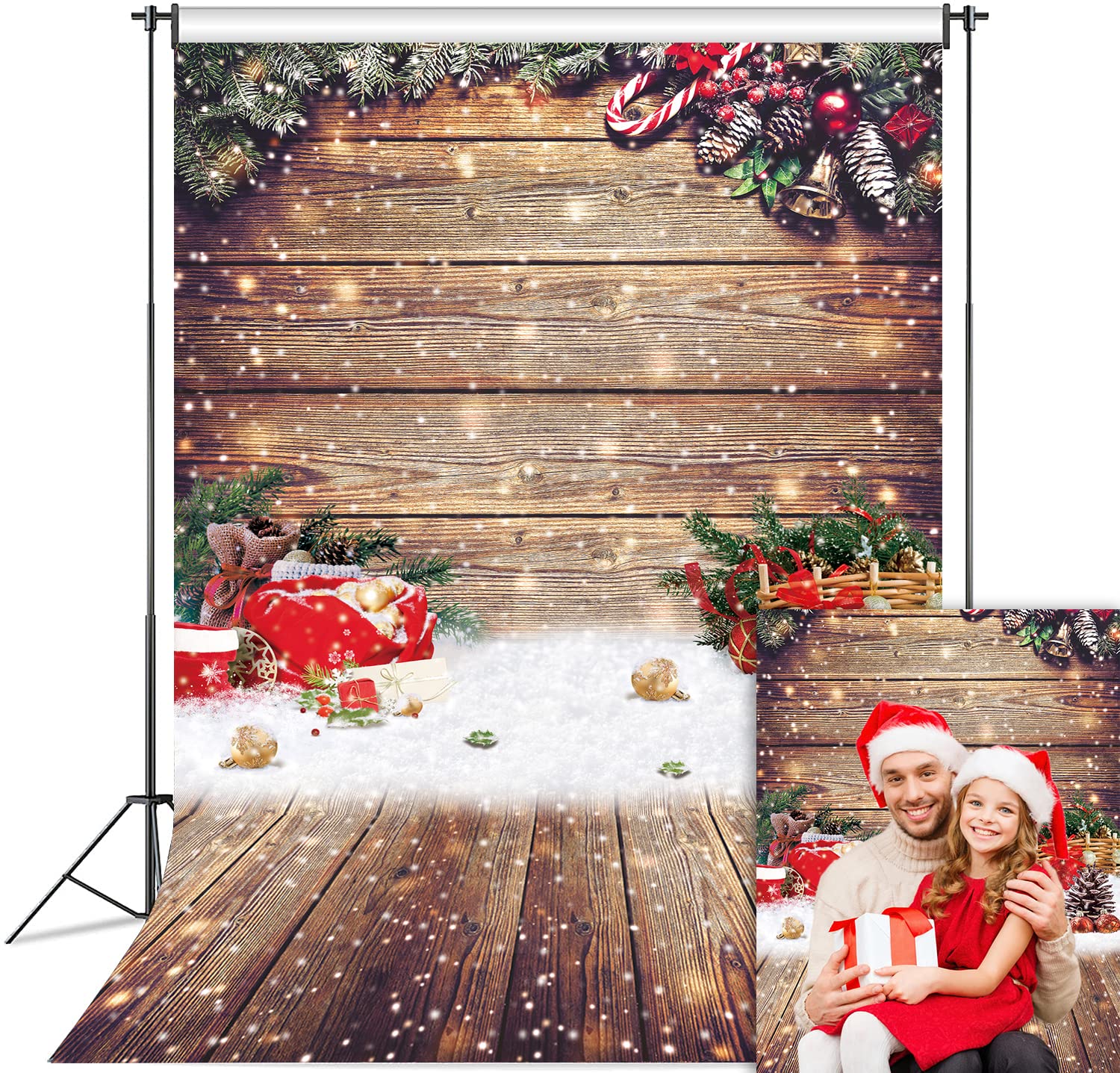 Christmas Wood Wall Photography Backdrop Rustic Wooden Floor Background Winter Holiday Glitter Christmas Party Decoration for Kids Portrait Photo Studio Props (6x8FT)