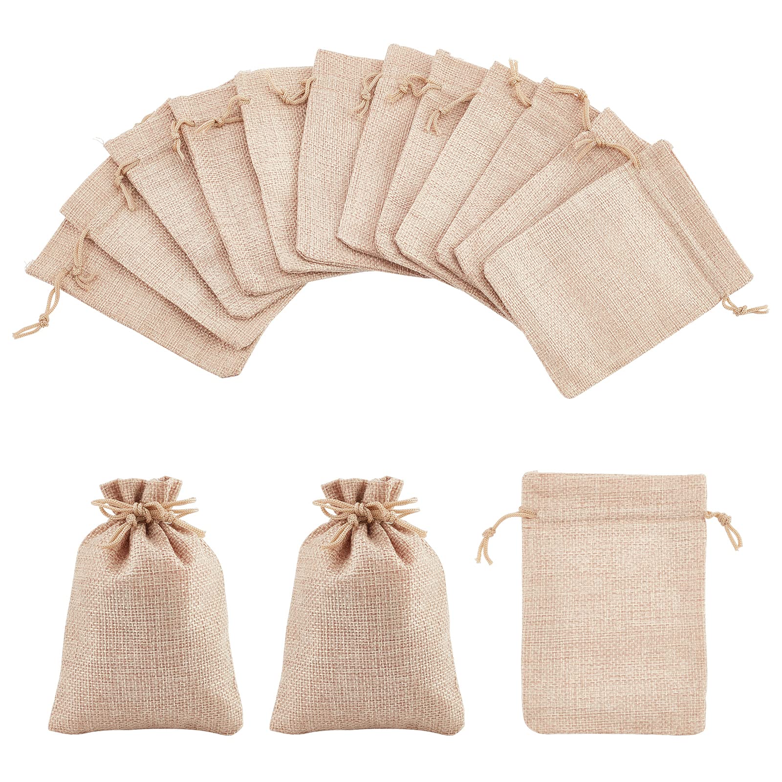 NBEADS 50 Pcs Burlap Gift Bags with Drawstring Wedding Jute Sacks Jewelry Pouches for Wedding Party and Diy Craft, Beige, 13.5-14x9.5-10cm