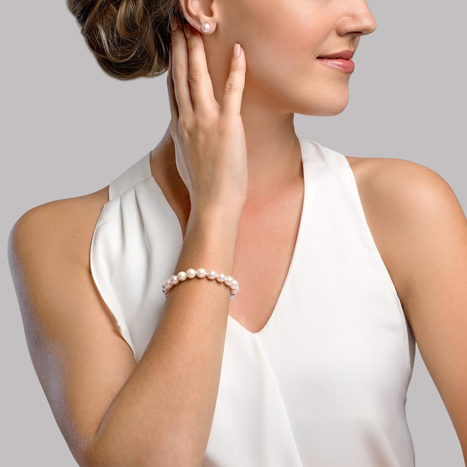 THE PEARL SOURCE 14K Gold 7-8mm AAAA Quality Round White Freshwater Cultured Pearl Bracelet for Women: Jewelry