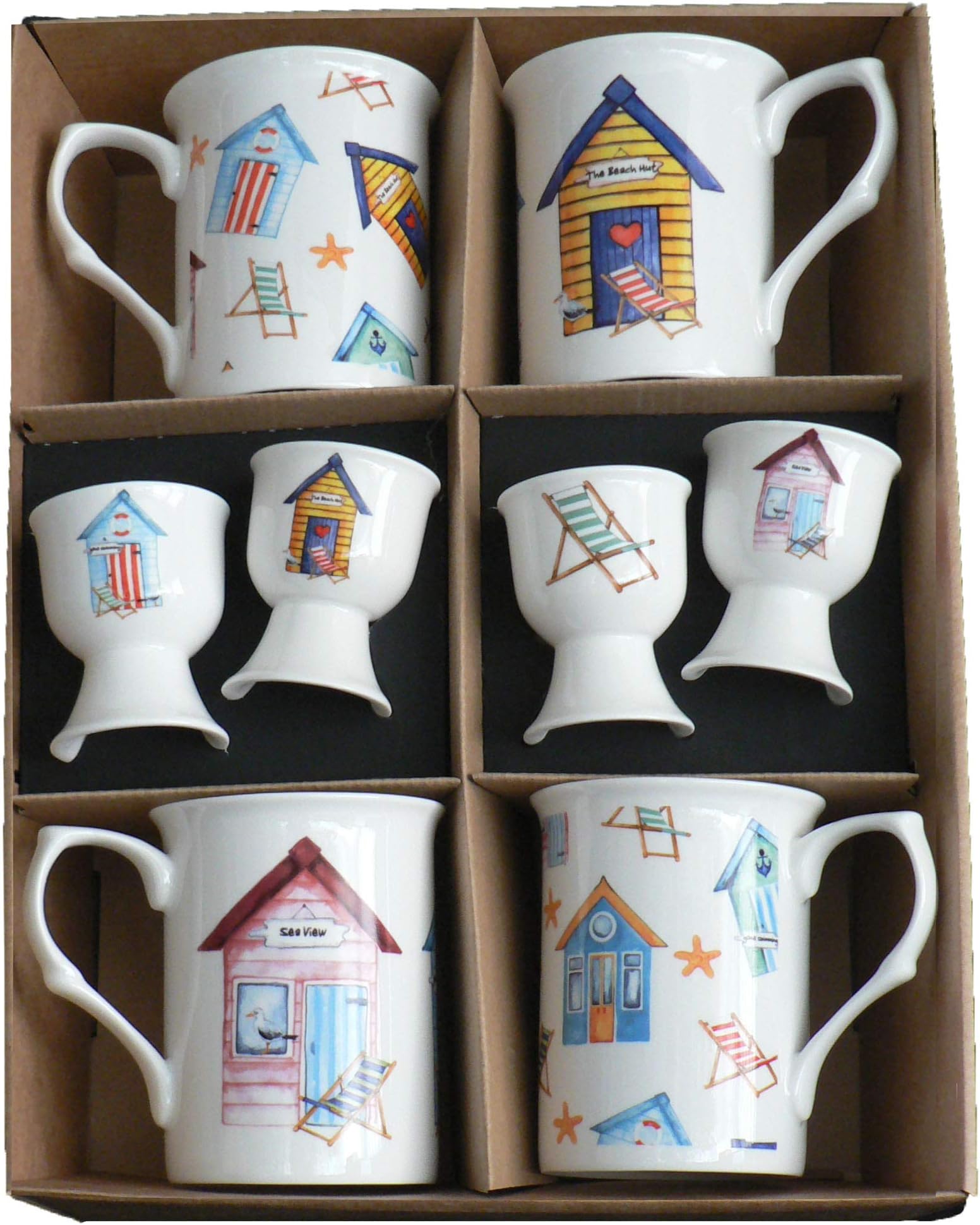 Beach Hut Bone China Mugs with Matching Egg Cups - Set of 4 Gift Boxed 10oz China Mugs & 4 eggcups Each Decorated with Colourful Beach Huts on Each
