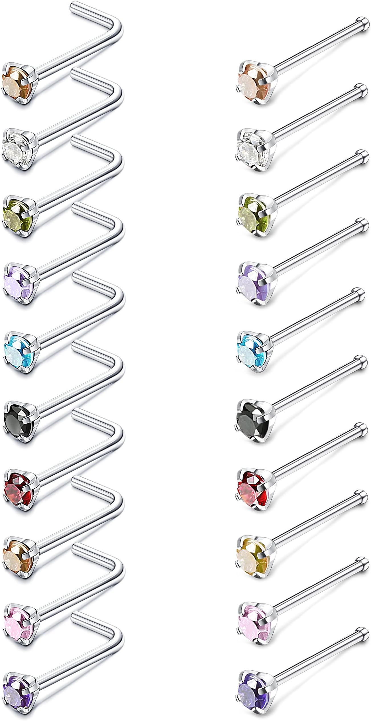 JOERICA 20 Pcs Surgical Steel Nose Rings Studs 20G L Shaped Pin CZ Bar Piercing Jewelry