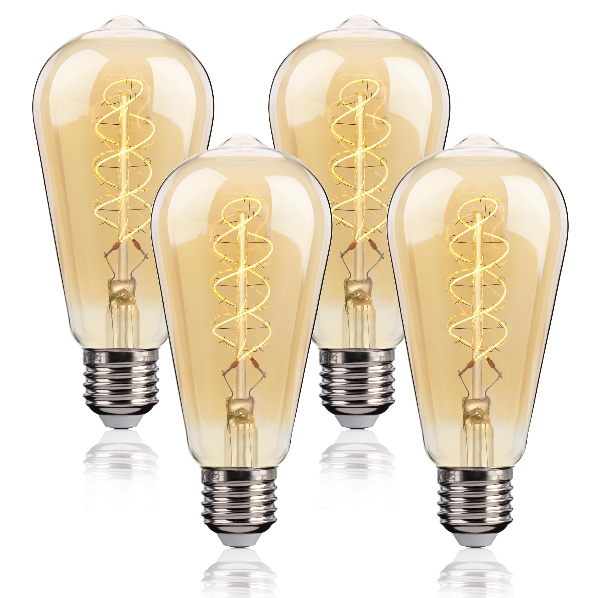FLSNT LED Edison Light Bulb, ST58 E27 Vintage Light Bulbs, Dimmable 4W Spiral Thin Filament, Decorative Antique Screw Lamp, 40W Equivalent, 2200K, Amber Glass, 4 Pack