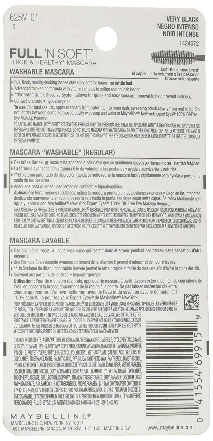 Maybelline Full 'N Soft Washable Mascara, Very Black, 1 Tube : Beauty