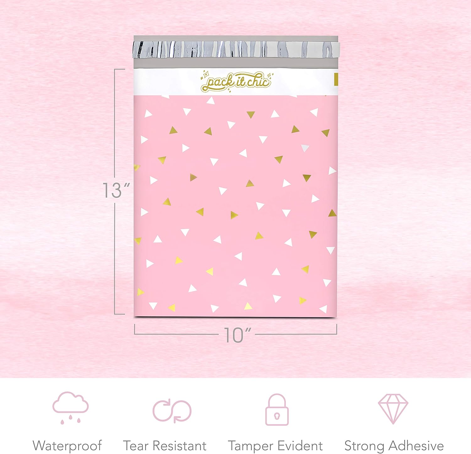 Pack It Chic - 12” X 15.5” (100 Pack) Pink Gold Triangle Confetti Poly Mailer Envelope Plastic Custom Mailing & Shipping Bags - Self Seal (More Designs Available) : Office Products