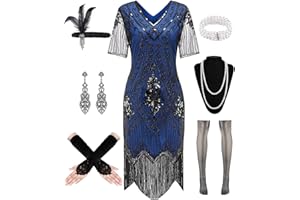 WILDPARTY 1920S Women Flapper Dress Sequin Dress V Neck Lace Fringed Dress Costume with Roaring 20s Accessories